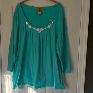 Ruby Rd. Aqua Embellished Blouse 2X